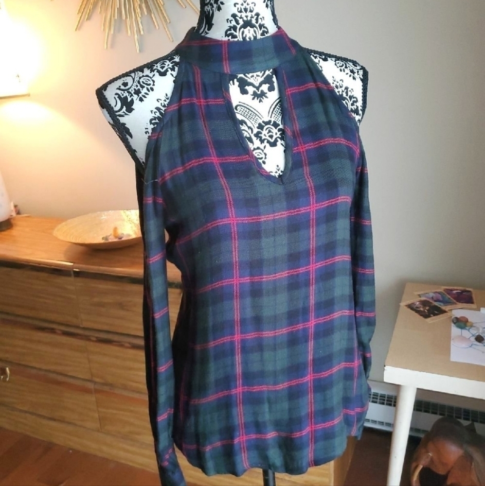 Holiday Plaid Cut-Out Blouse